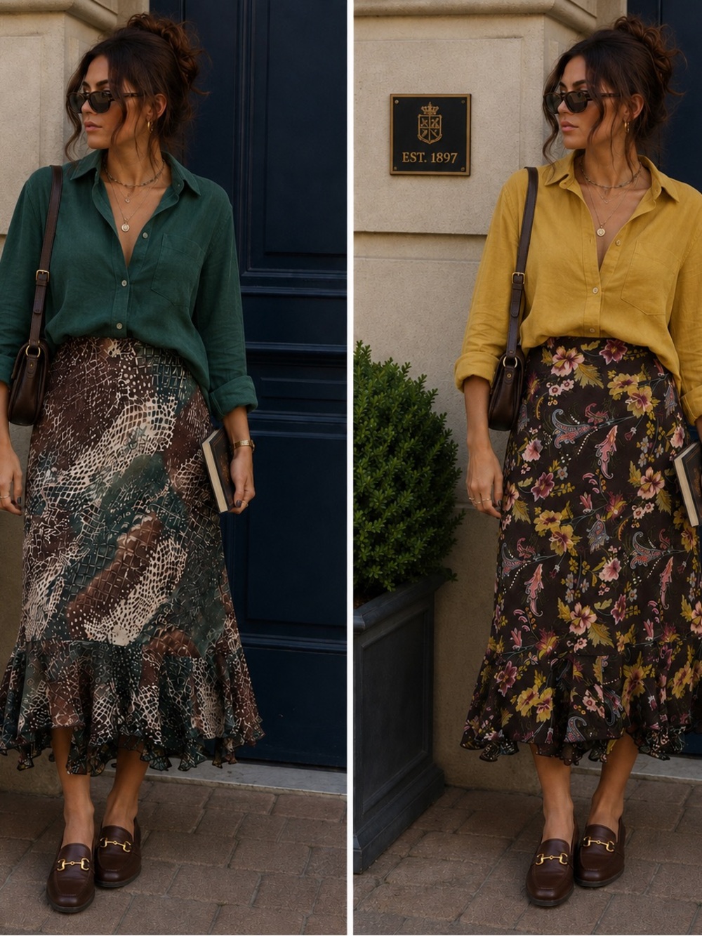 Reversible Floral Animal Midi Skirt 32” L Green Brown Fall Boho Indie Academia
